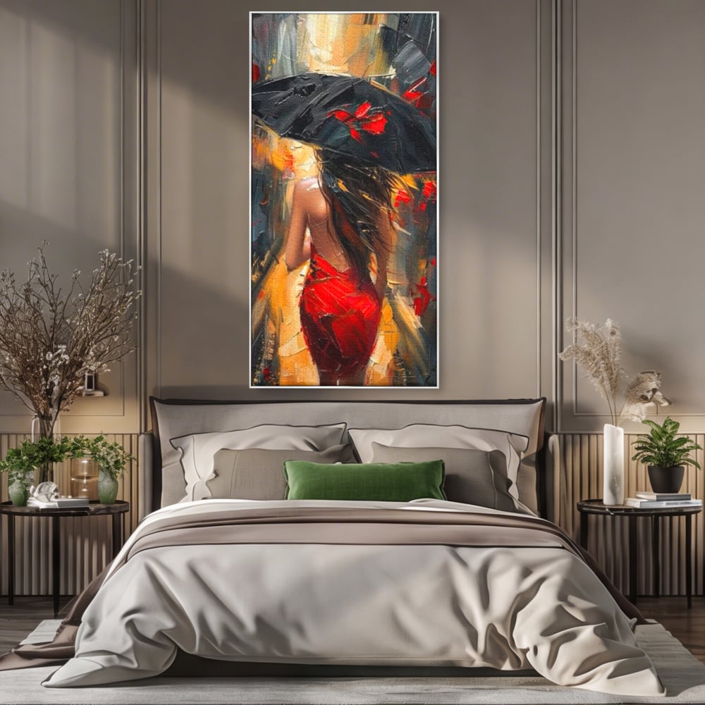 Tablou canvas cu pictura cu femeie si umbrela rosie, in rama de aluminiu argintiu, pe perete intr-un dormitor